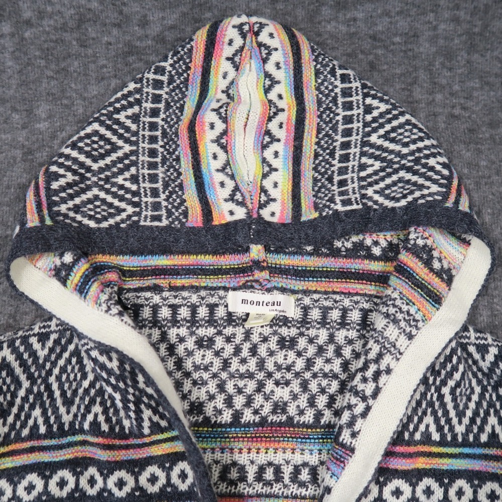 Monteau Hooded Duster Cardigan M Rainbow Intarsia Pockets Aztec Boho Festival - Picture 6 of 11